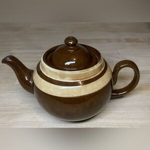 Vintage Brown Betty Style Teapot Striped Yellow 6" X 9.25" Made in England